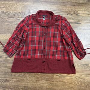 Ali Miles Blouse Womens XL Red Plaid Toggle Front Collared 3/4 Sleeve Pockets